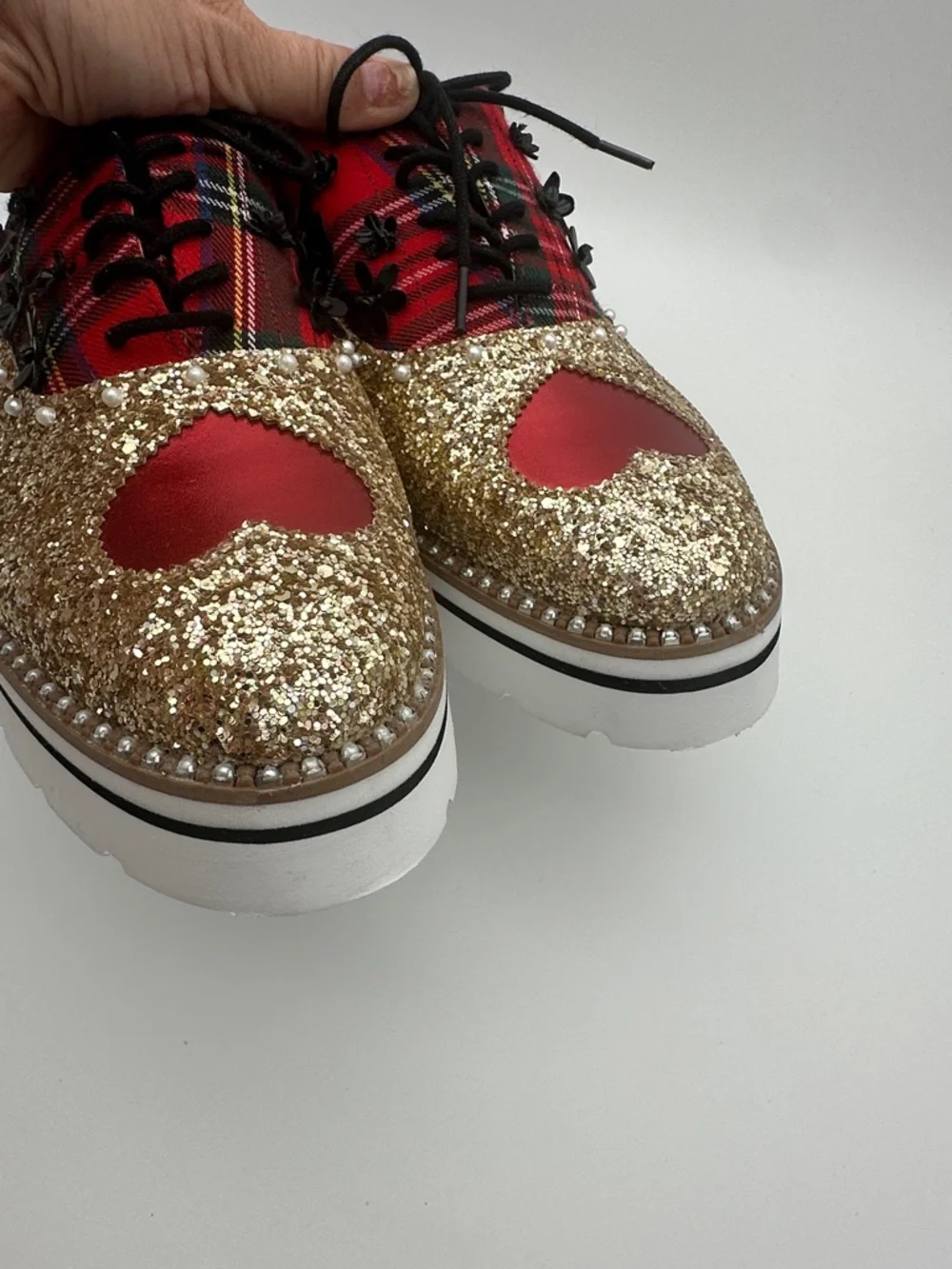 Betsy Johnson Skyyla Lace Up Plarform Oxfords Size 10 Shoes Unique Sparkly Plaid - Picture 6 of 16